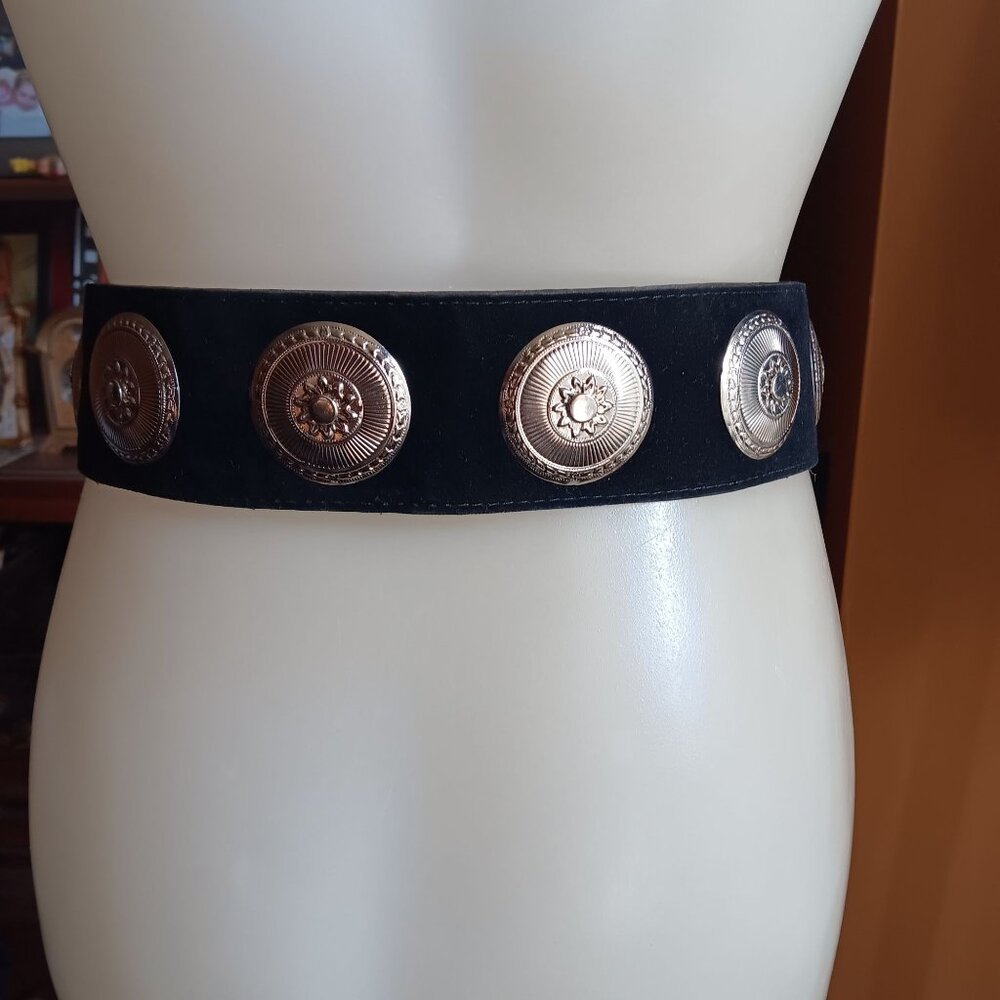 Vintage Black Suede Belt with Gold Medallions